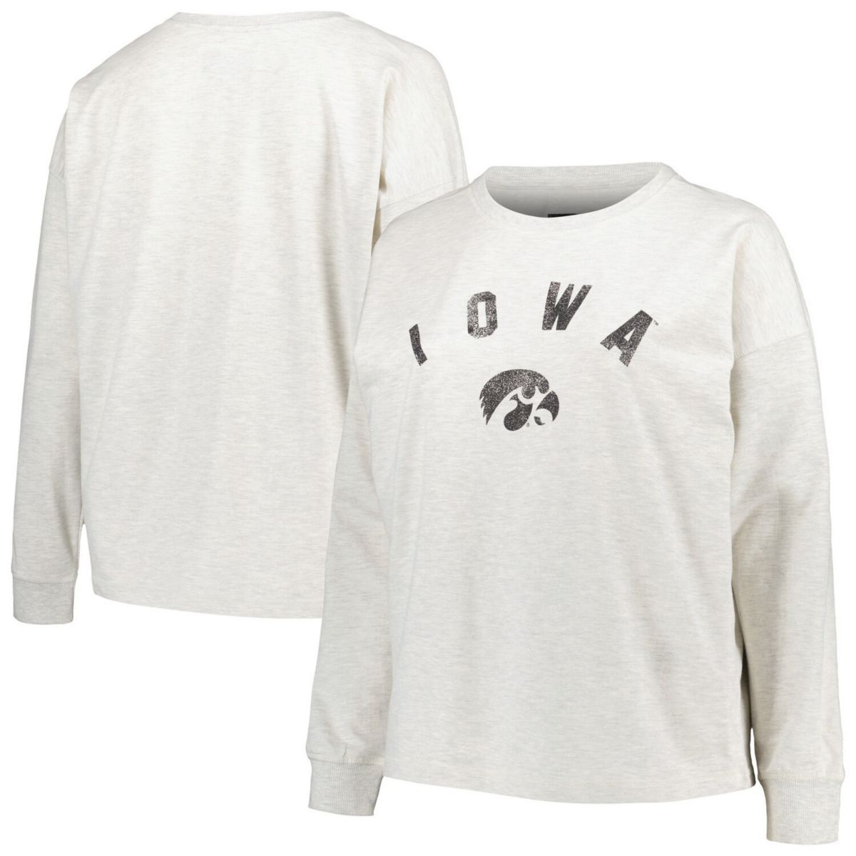 Women's Profile Oatmeal Iowa Hawkeyes Plus Size Distressed Arch Over Logo Neutral Boxy Pullover Sweatshirt Profile