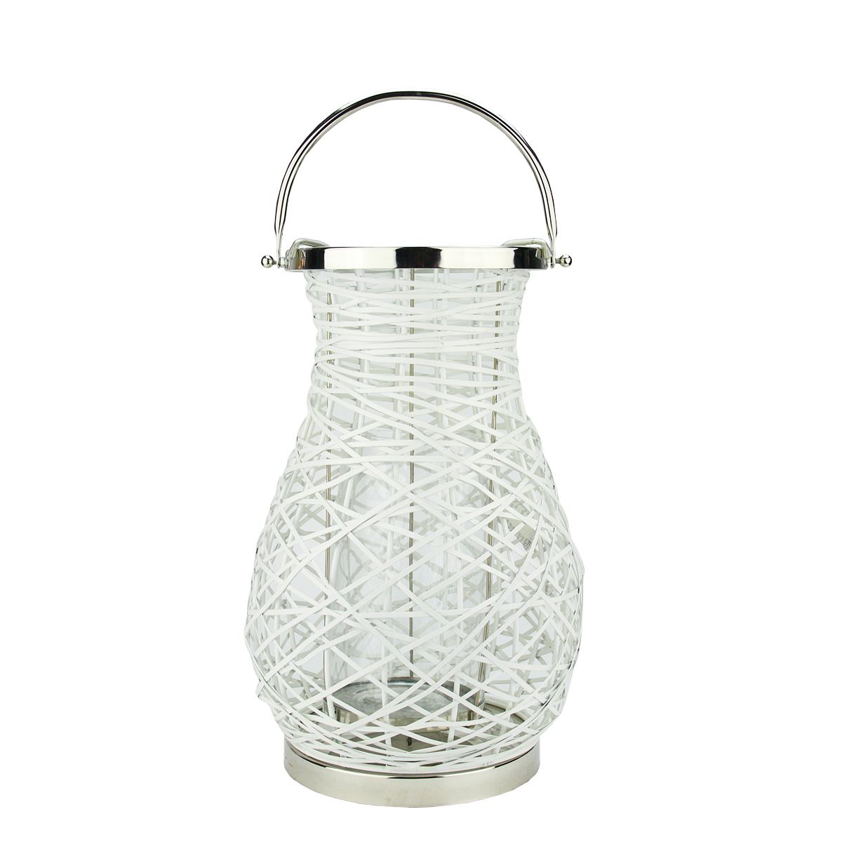 16.25&#34; Modern White Decorative Woven Iron Pillar Candle Lantern with Glass Hurricane Christmas Central