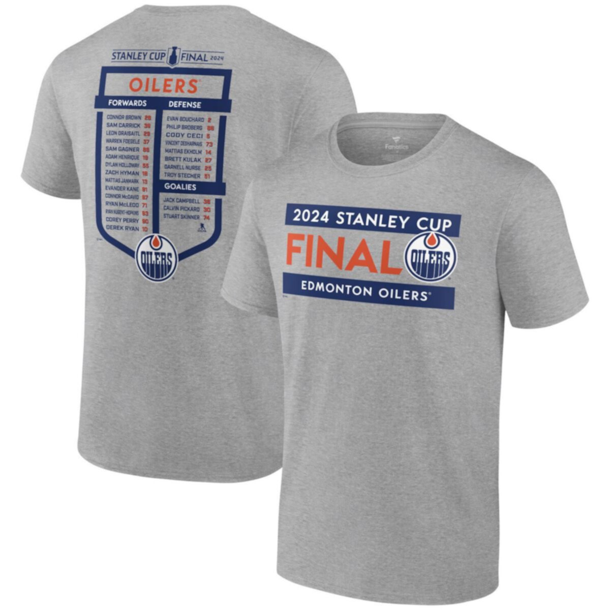 Men's Fanatics  Heather Gray Edmonton Oilers 2024 Stanley Cup Final Big & Tall Roster T-Shirt Fanatics Brands - White Label