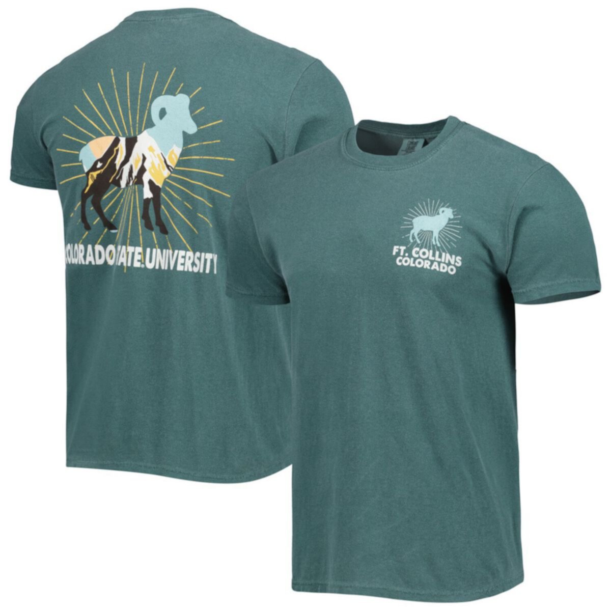 Men's Green Colorado State Rams Mascot Scenery Comfort Color T-Shirt Image One