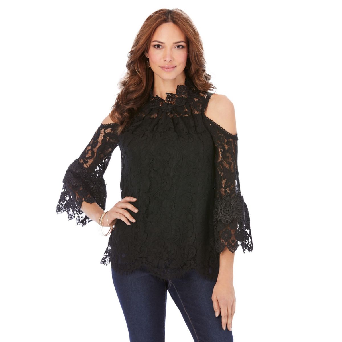 Roaman's Women's Plus Size Lace Cold-shoulder Top Roaman's