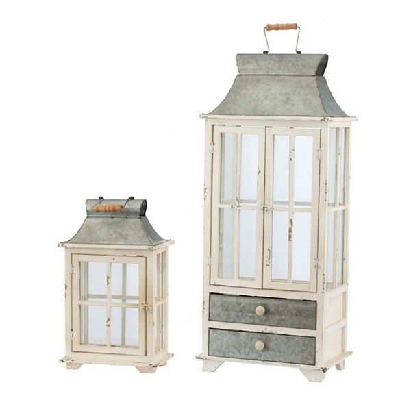 Set of 2 Silver and White Evelyn Enclosed Lanterns with Handle and Drawers 36.5&#34; A&B Home