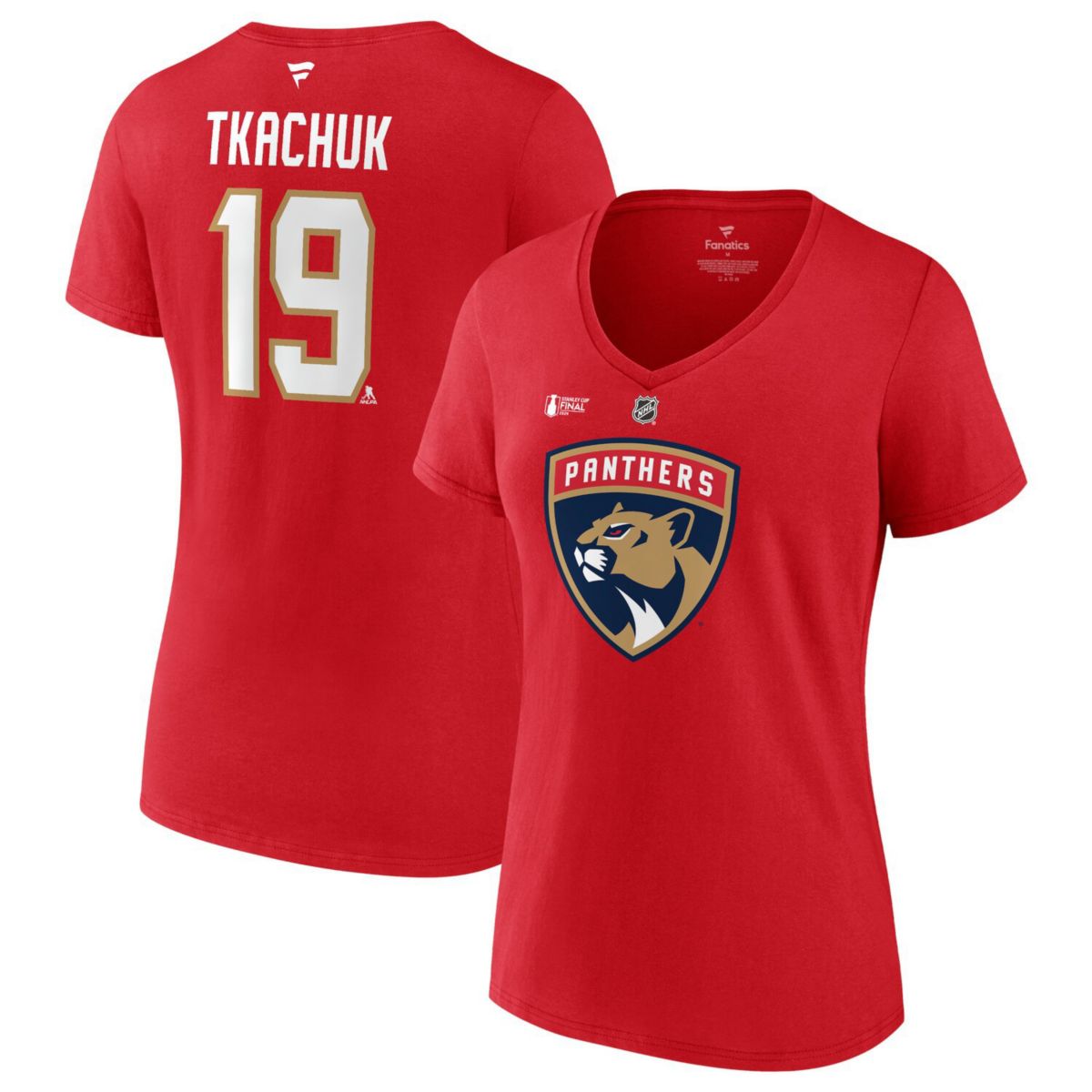 Women's Fanatics Matthew Tkachuk Red Florida Panthers 2024 Stanley Cup Final Authentic Stack Name & Number V-Neck T-Shirt Fanatics Brands - White Label