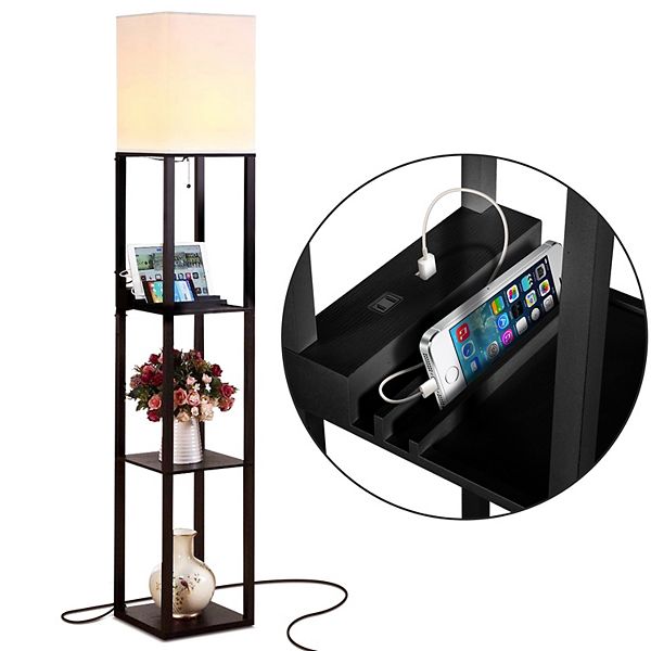 Brightech Maxwell Standing Tower Floor Lamp with Shelves and USB Port, Black Brightech