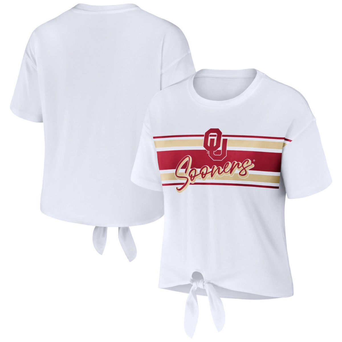 Women's WEAR by Erin Andrews White Oklahoma Sooners Striped Front Knot Cropped T-Shirt WEAR by Erin Andrews