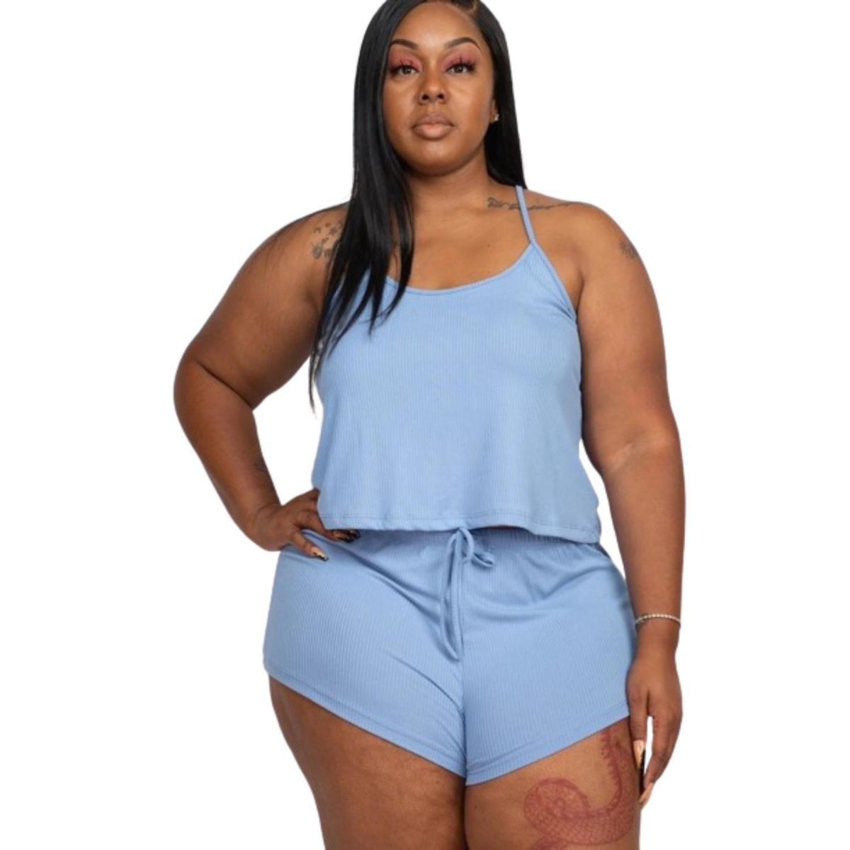 Plus Ribbed Strappy Top And Shorts Set FASHNZFAB