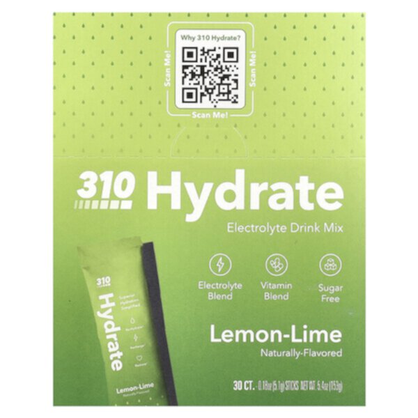 Hydrate, Electrolyte Drink Mix, Lemon-Lime , 30 Sticks, 0.18 oz (5.1 g) Each 310 Nutrition