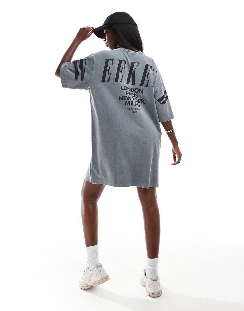 ASOS Weekend Collective t-shirt dress with stacked logo in washed charcoal ASOS Weekend Collective