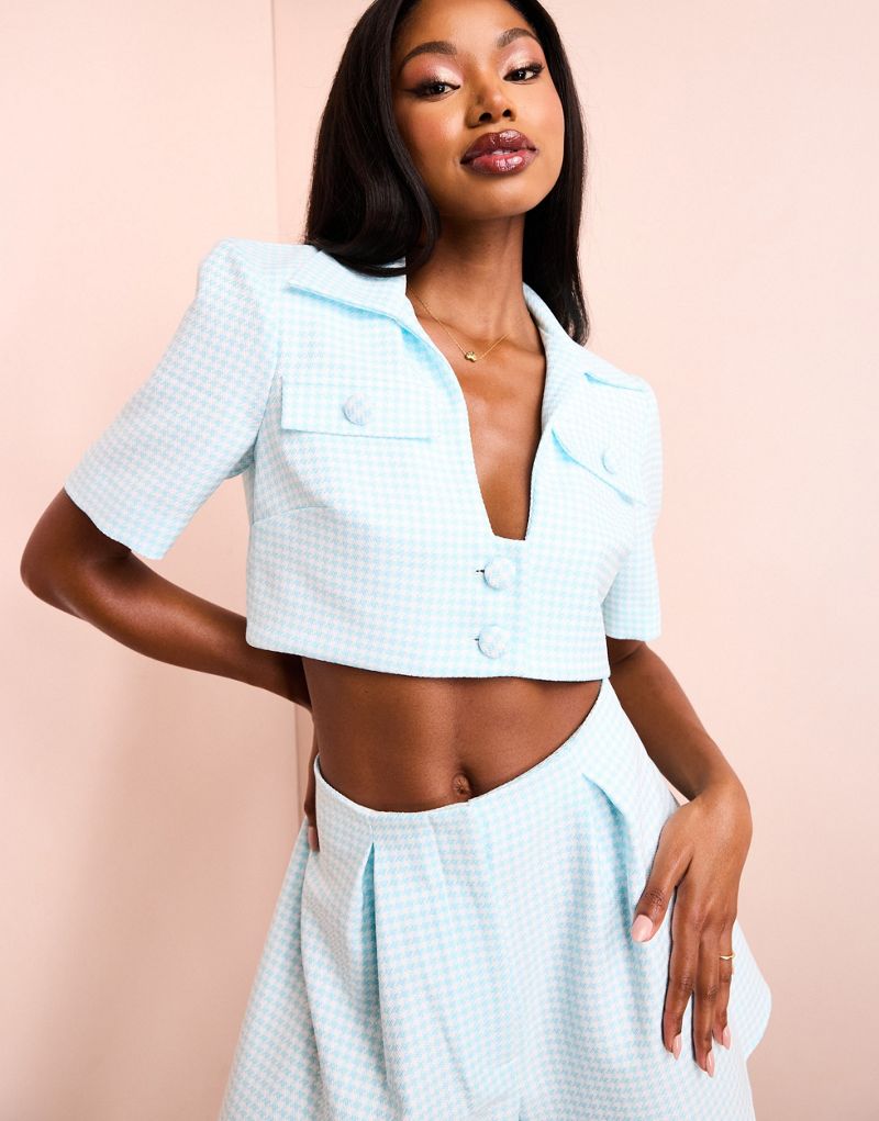 ASOS LUXE cropped tailored shirt in blue & white houndstooth - part of a set ASOS Luxe