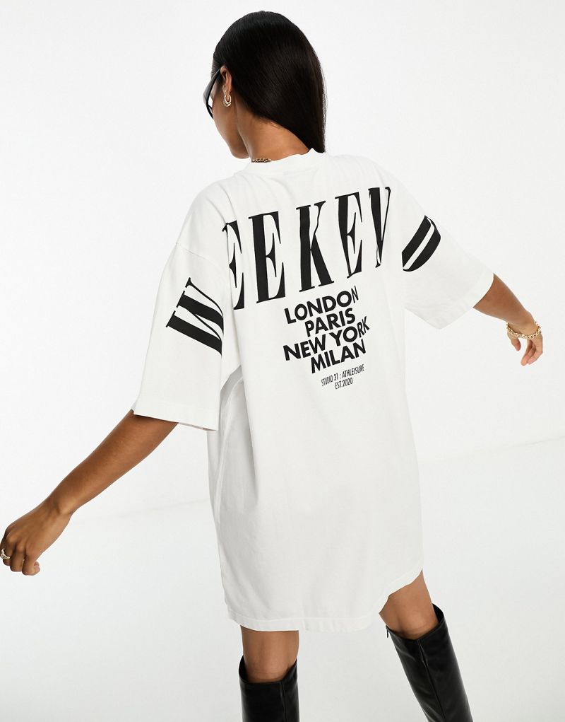 ASOS Weekend Collective T-shirt dress in with stacked logo in cream ASOS Weekend Collective