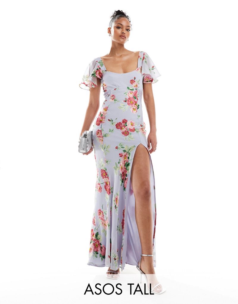 ASOS DESIGN Tall flutter sleeve maxi dress with lace insert in blue burnout floral print ASOS Tall