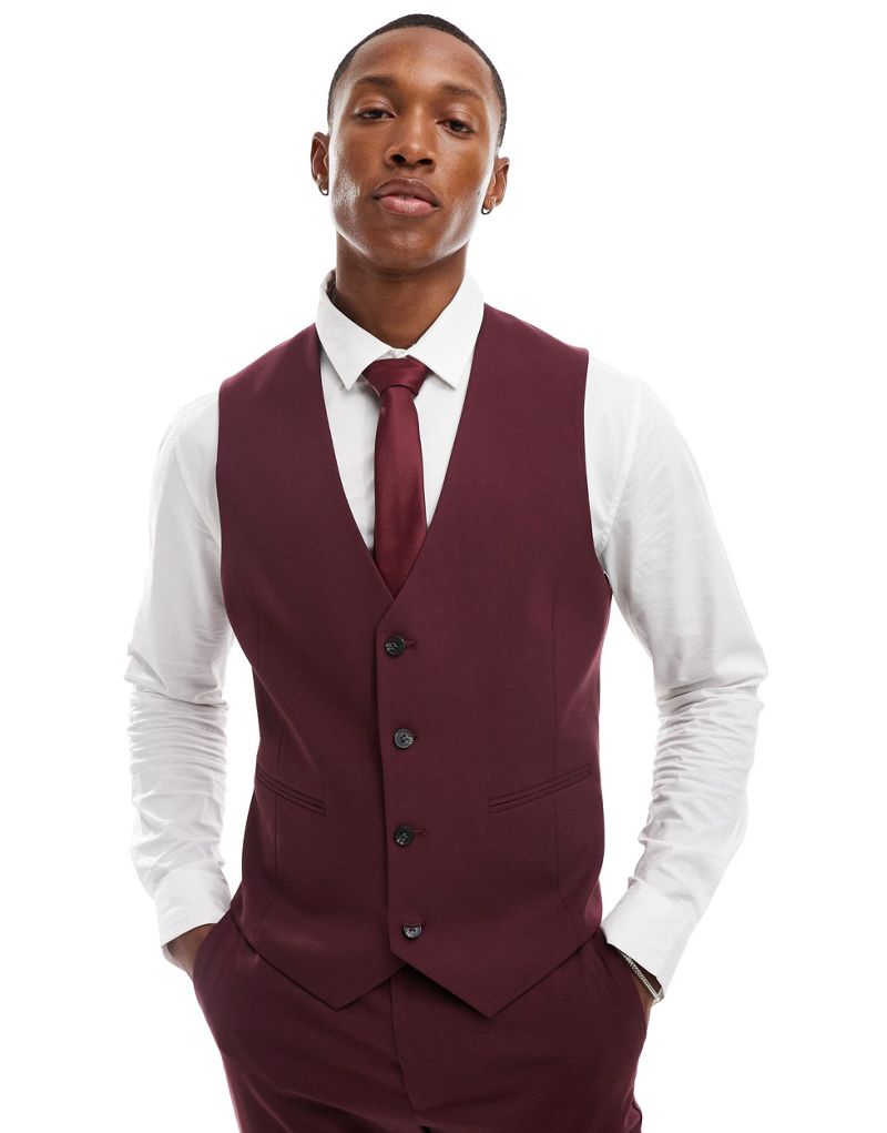 ASOS DESIGN slim suit waistcoat in burgundy ASOS DESIGN