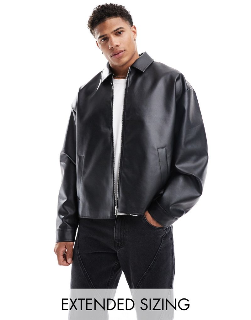 ASOS DESIGN faux leather boxy oversized harrington jacket in black ASOS DESIGN