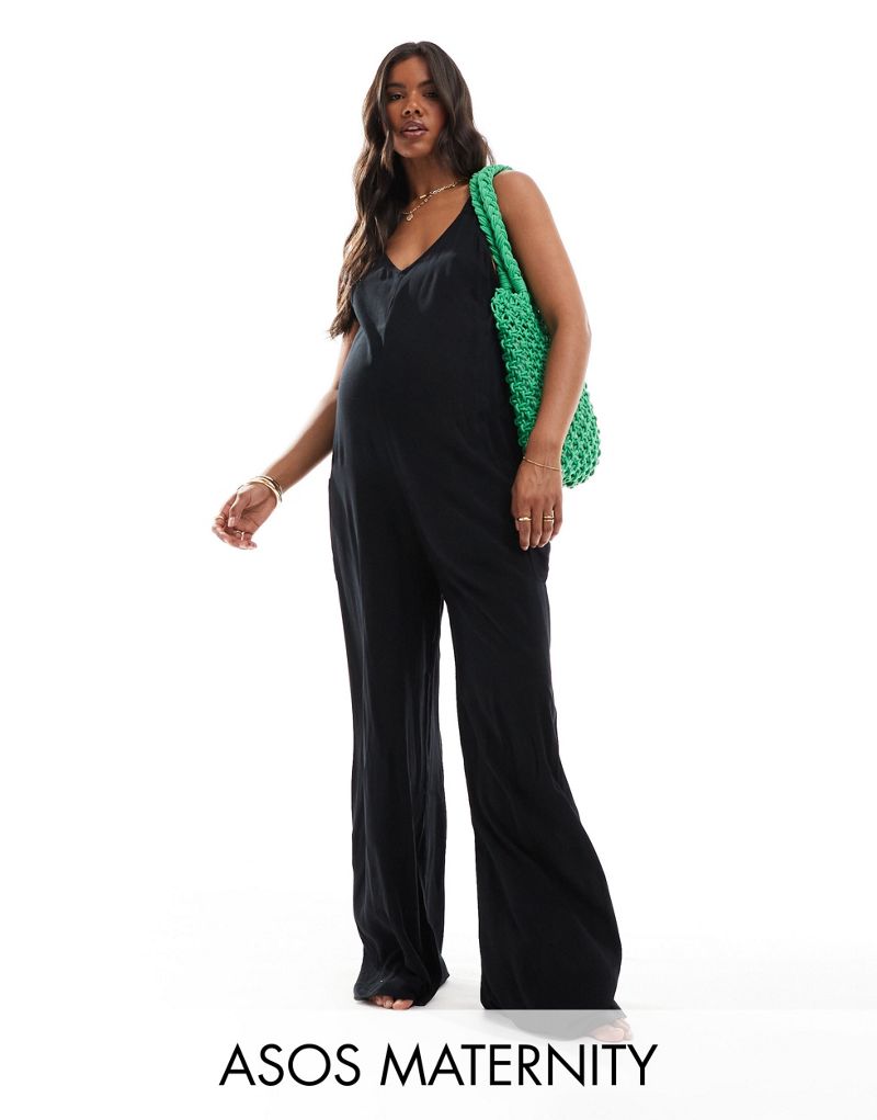 ASOS DESIGN Maternity beach jumpsuit with pocket detail in black  ASOS Maternity