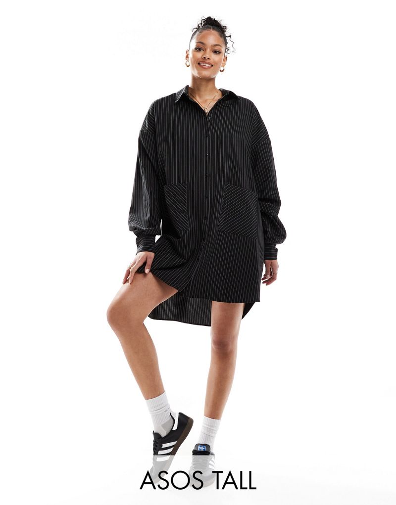 ASOS DESIGN Tall oversized shirt dress with dropped pockets in black pinstripe ASOS Tall