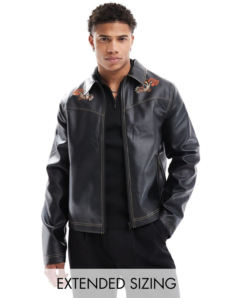 ASOS DESIGN faux leather harrington jacket with floral embroidery in black ASOS DESIGN