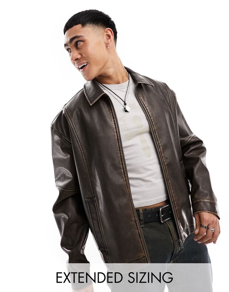 ASOS DESIGN oversized faux leather harrington jacket in brown ASOS DESIGN