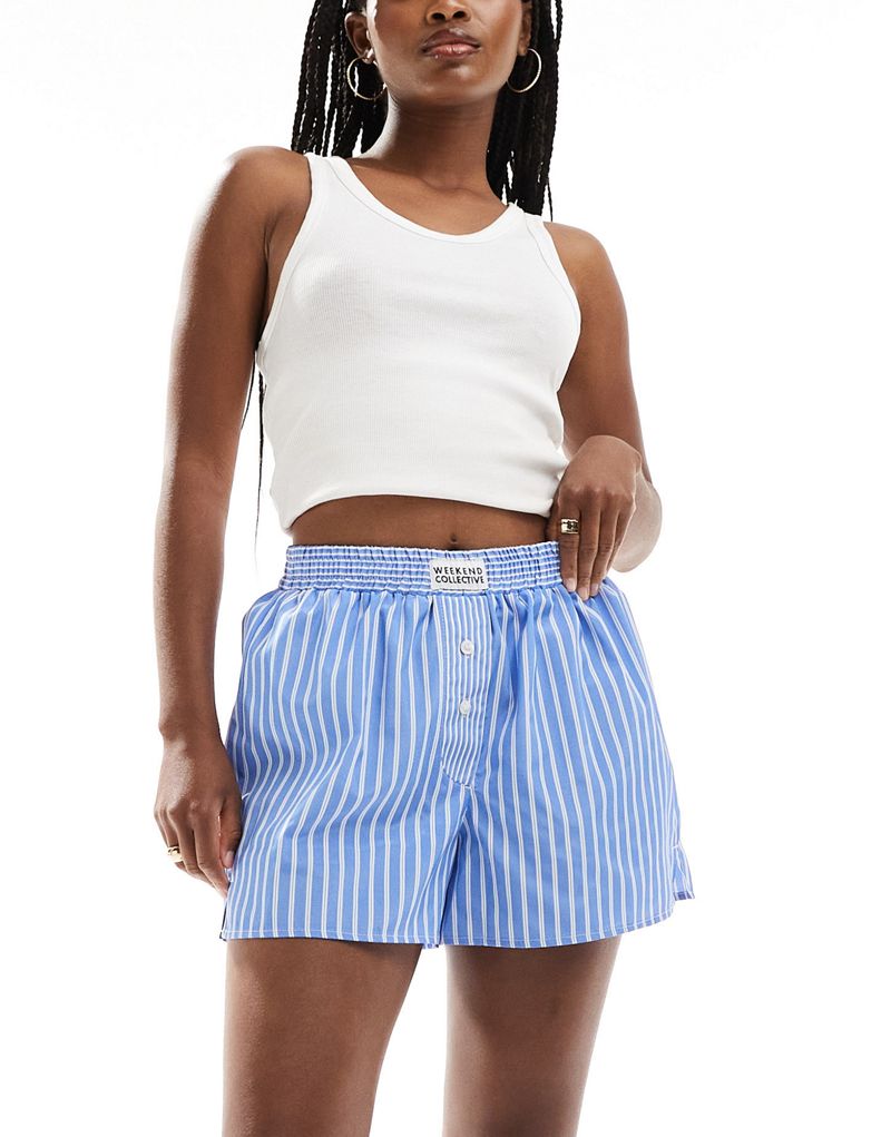 ASOS Weekend Collective boxer shorts in blue mixed stripe ASOS Weekend Collective