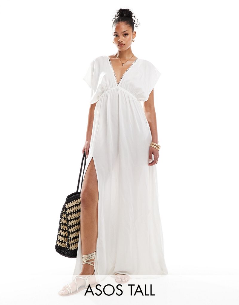 ASOS DESIGN Tall Faye flutter sleeve maxi beach dress with channeled tie waist in white ASOS Tall