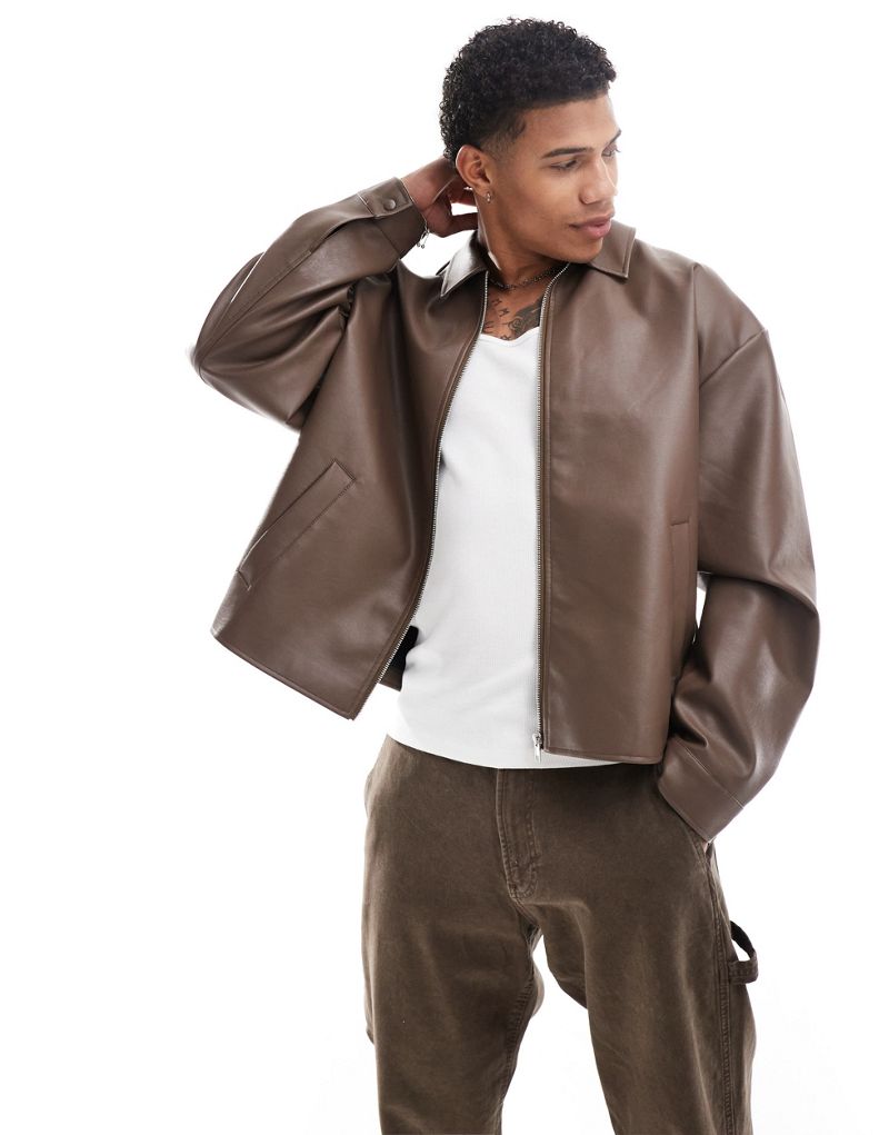 ASOS DESIGN faux leather oversized harrington jacket in brown ASOS DESIGN