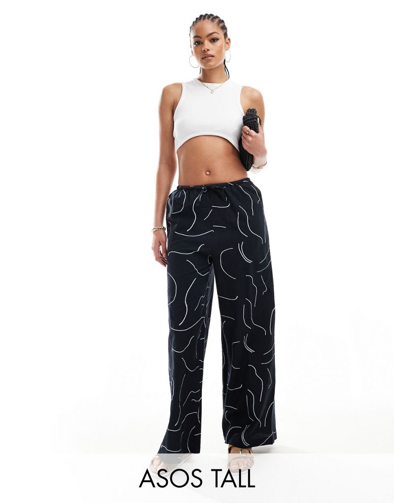 ASOS DESIGN Tall wide leg linen mix pants in black and white print ASOS Tall