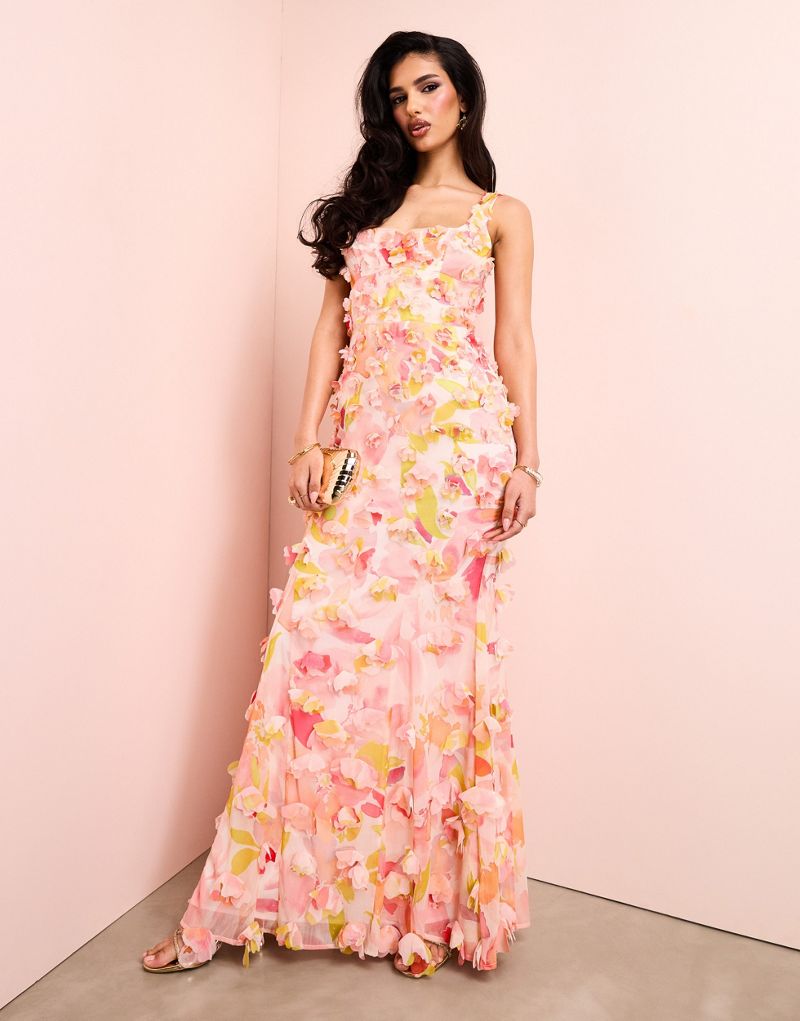 ASOS LUXE 3D floral ruffle maxi dress with tie back in floral print ASOS Luxe