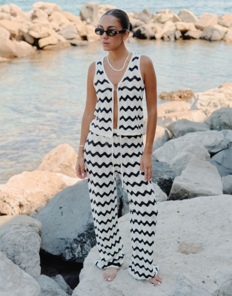 4th & Reckless x Luana Barron ana wave crochet tie side beach top in navy and cream - part of a set 4TH & RECKLESS