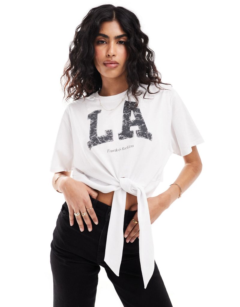 4th & Reckless tie front LA oversized cropped T-shirt in white 4TH & RECKLESS