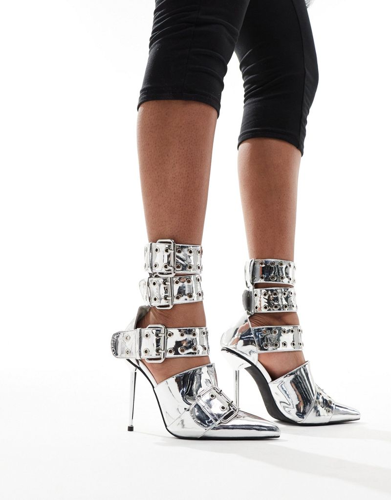 Azalea Wang Cyclone City buckle heeled shoes in silver metallic AZALEA WANG