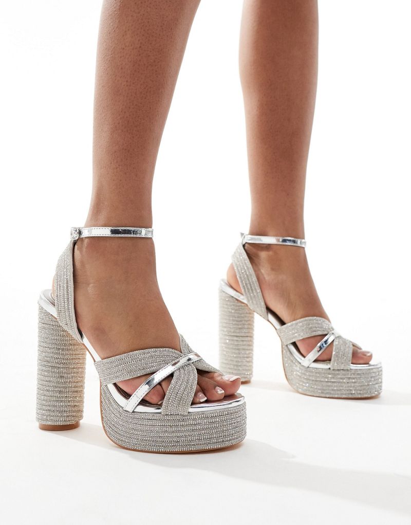 Azalea Wang Kinslee embellished platform heeled sandals in silver AZALEA WANG