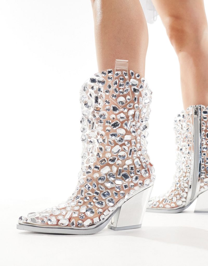 Azalea Wang Gemmy embellished western ankle boots in silver AZALEA WANG