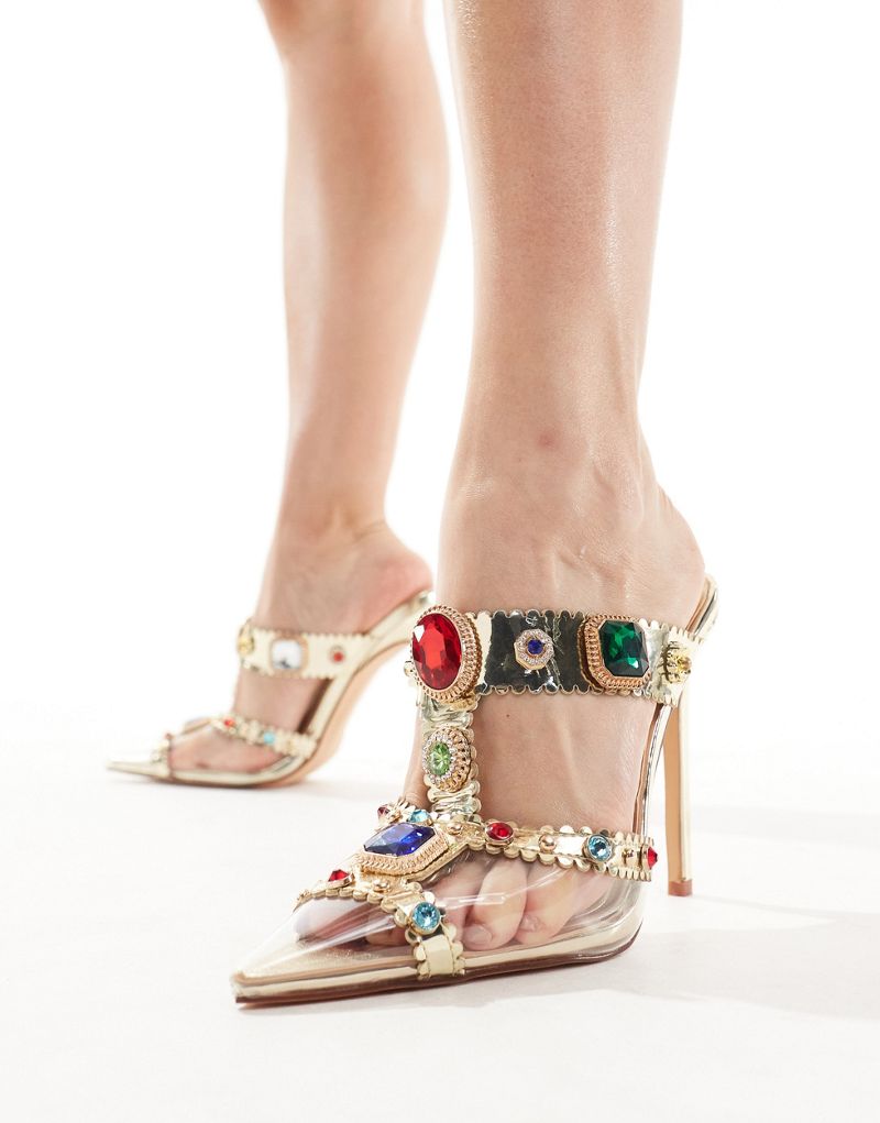 Azalea Wang Zya jewel embellished heeled mules in gold AZALEA WANG