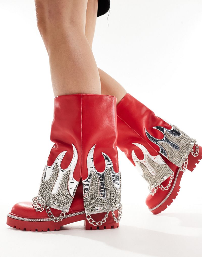 Azalea Wang Florentine silver flame embellished chunky foldover boots in red AZALEA WANG