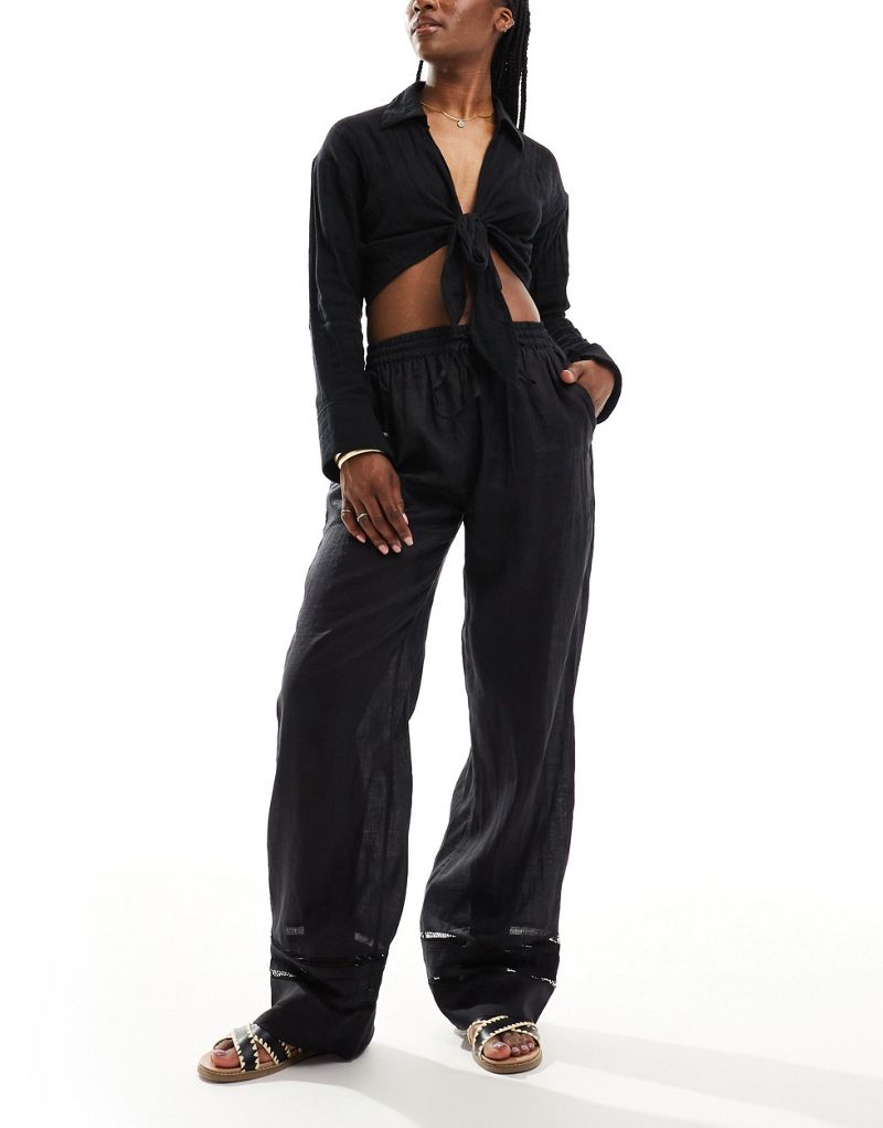 AllSaints Jade linen wide leg straight pants in black AllSaints