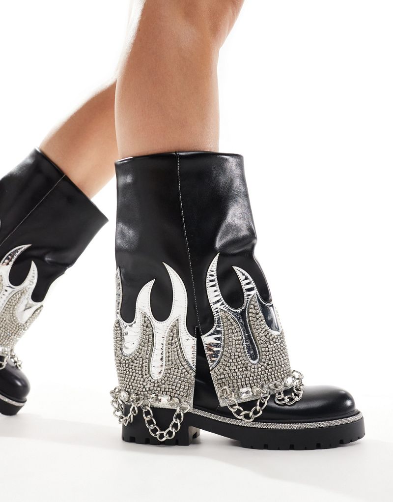 Azalea Wang Florentine silver flame embellished chunky foldover boots in black AZALEA WANG