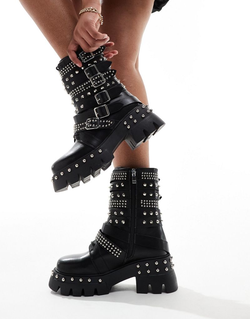 Azalea Wang Winola studded buckle chunky ankle boots in silver AZALEA WANG