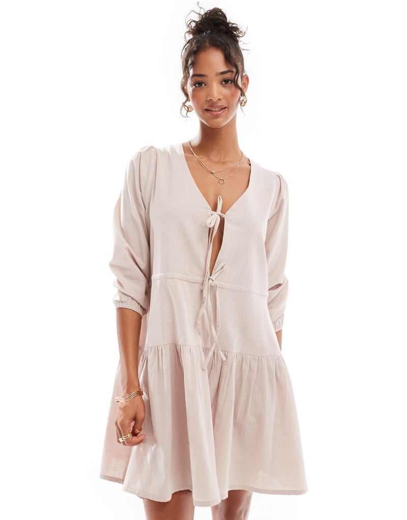 Esmée linen mix long sleeve tiered mini tie front beach dress in oat Esmée