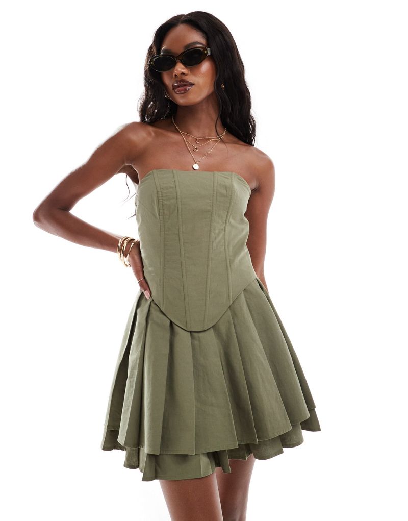 Extro & Vert bandeau pleated mini dress in khaki Extro & Vert