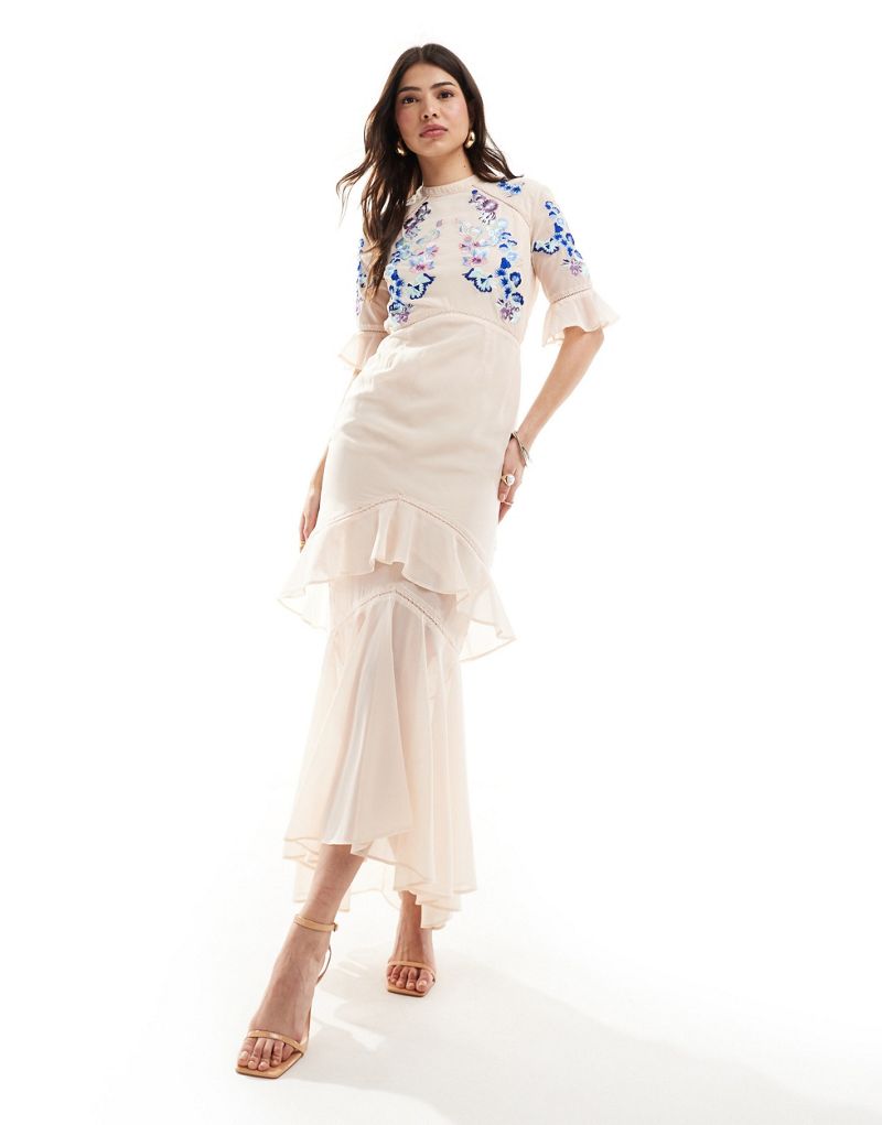 Hope & Ivy tiered maxi dress with lace trim in blush pink with blue contrast embroidery  Hope & Ivy