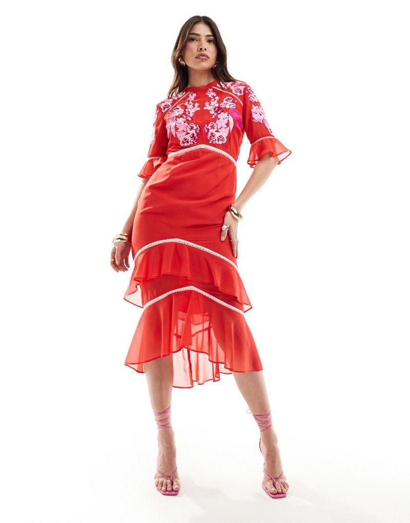 Hope & Ivy tiered midi dress with peplum in red with white embroidery Hope & Ivy