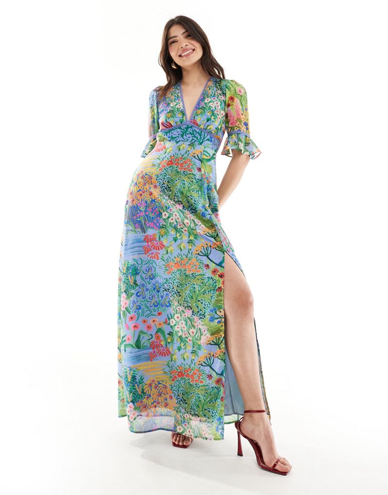 Hope & Ivy plunge maxi dress with fluted sleeves in blue floral Hope & Ivy