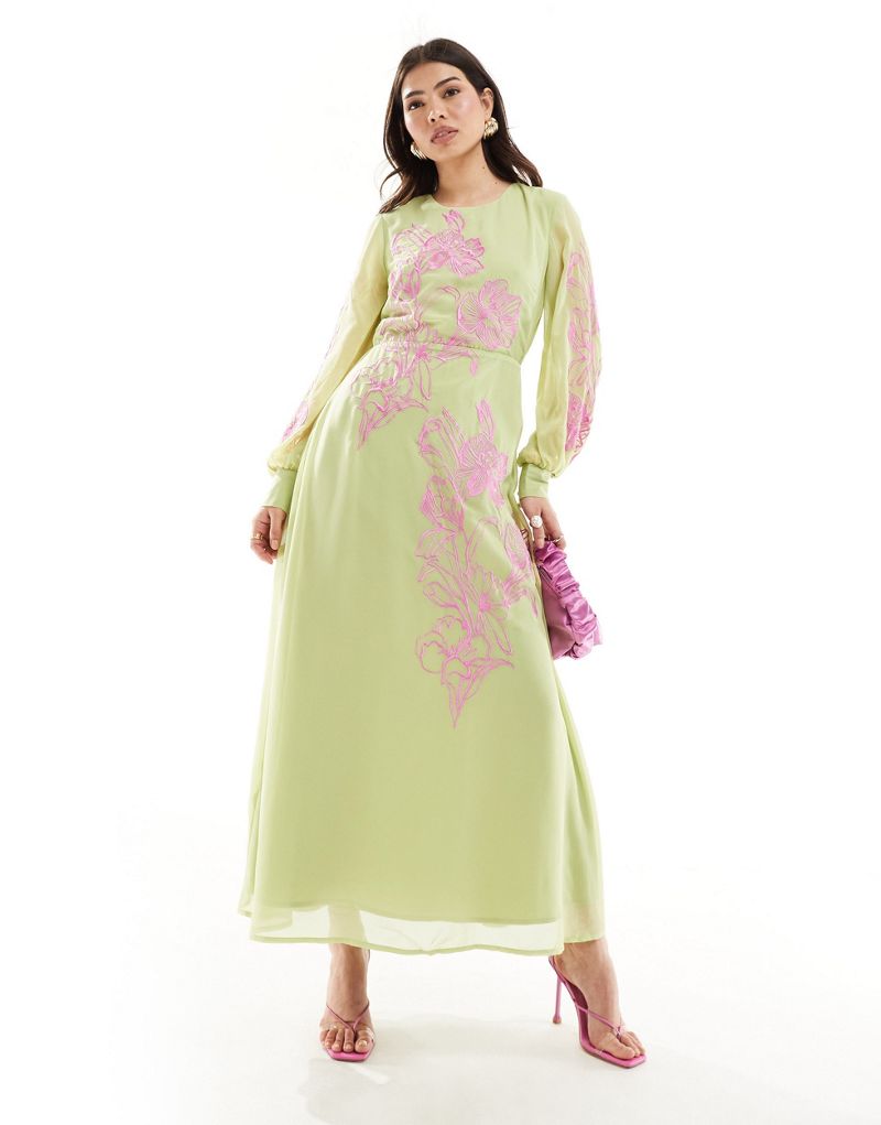 Hope & Ivy premium full maxi dress in mint and purple embroidery Hope & Ivy