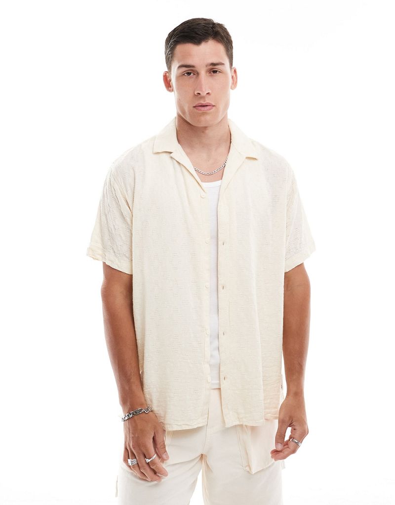 Jack & Jones oversized revere collar jacquard shirt in ecru  Jack & Jones