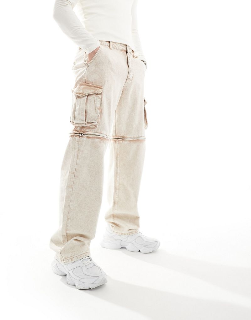 Liquor N Poker baggy fit detachable cargo pants in washed beige denim Liquor N Poker