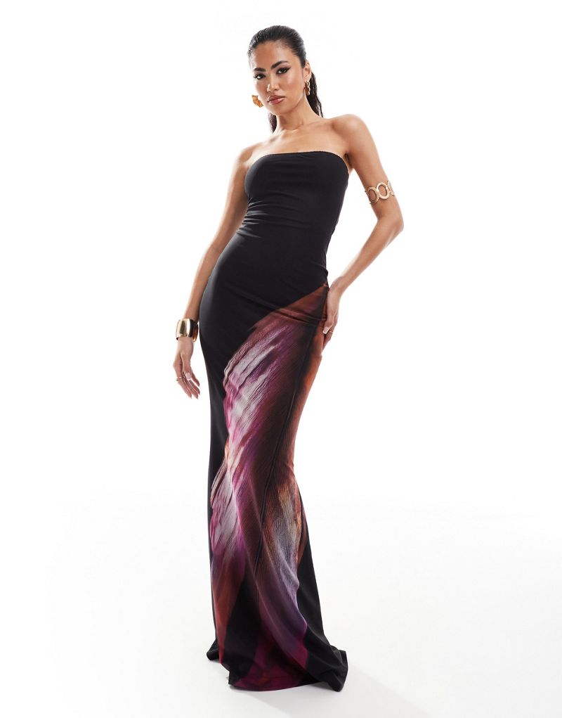 Murci bandeau oversized phoenix print maxi dress in black Murci