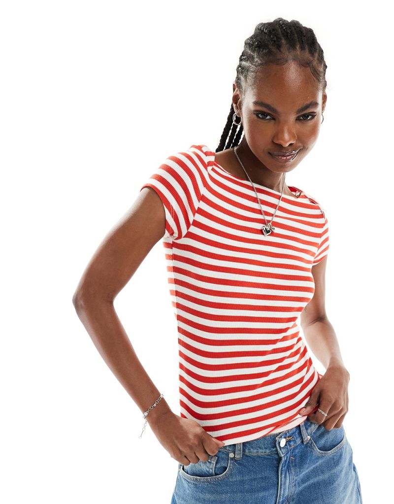 Monki fitted short sleeve top with boat neck in red and white stripes Monki