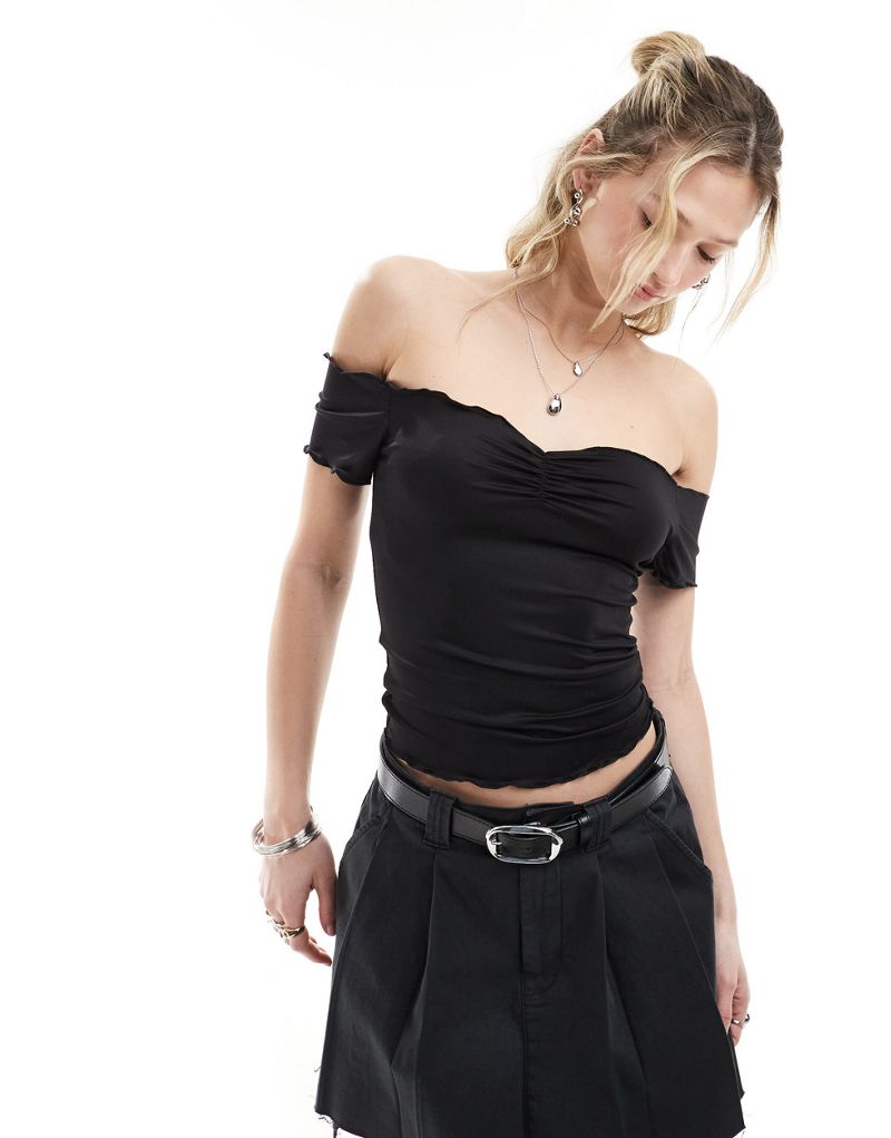 Monki off the shoulder top with lettuce edge and ruched sweetheart front in black Monki