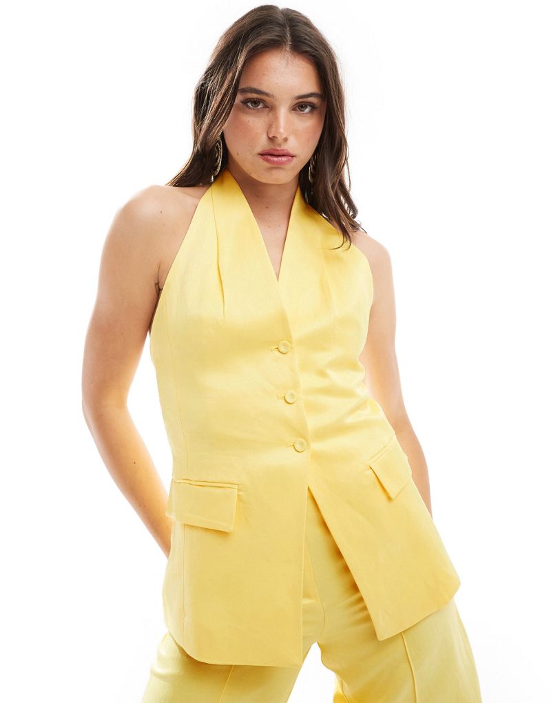 Mango linen mix halter vest in yellow - part of a set MANGO