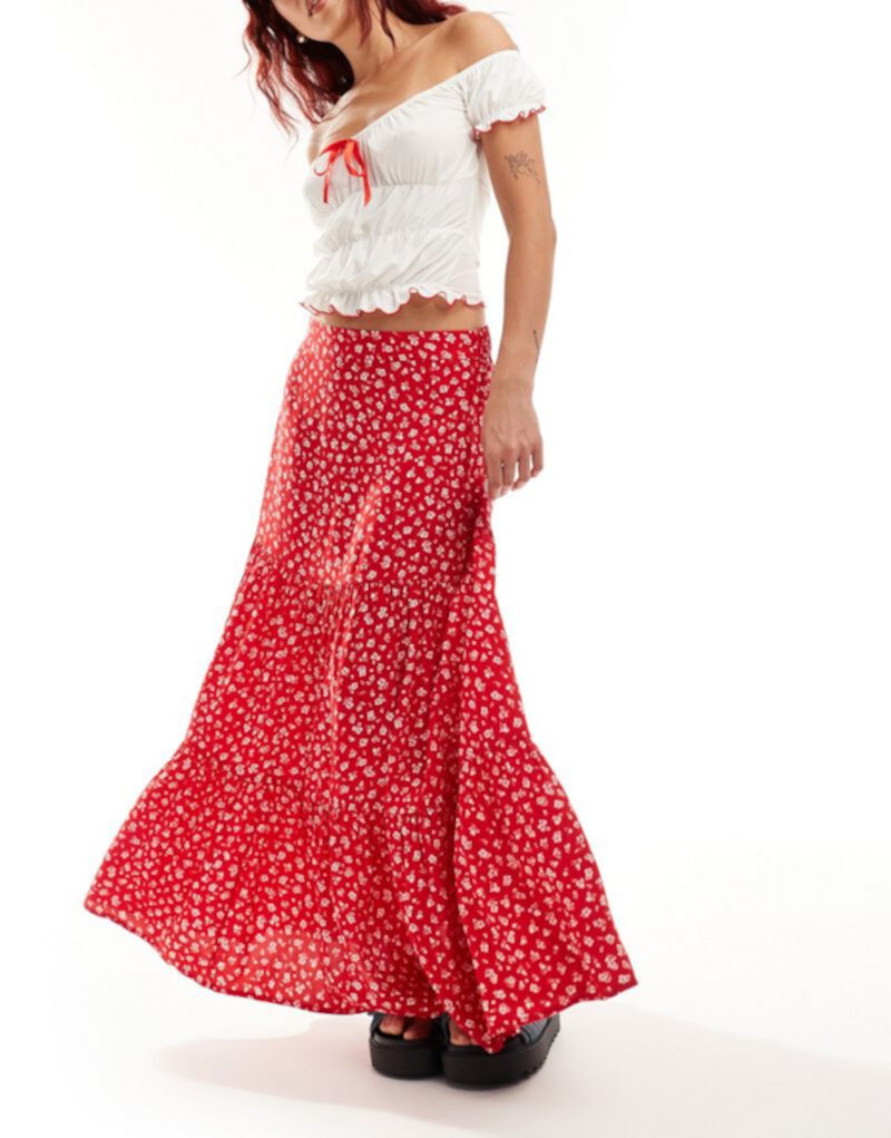Monki tiered maxi skirt in red meadow floral Monki