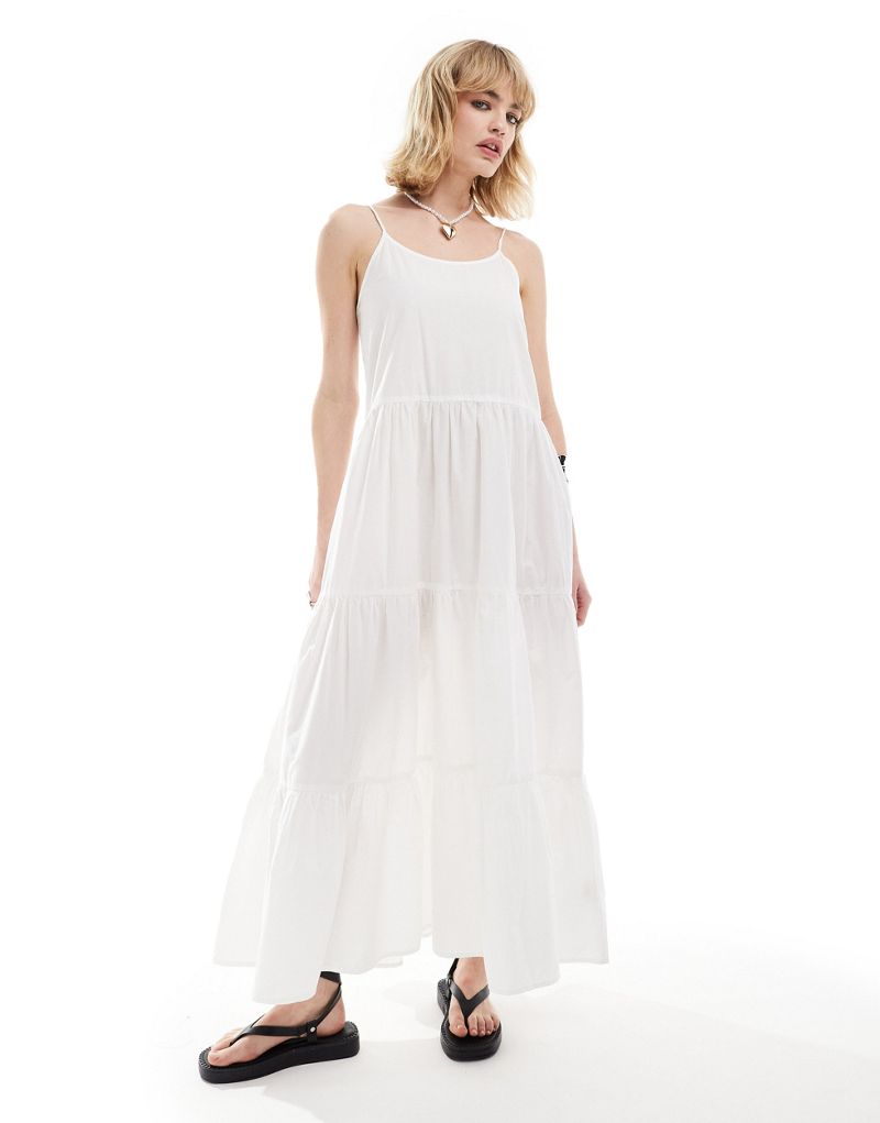 Monki maxi sun dress with tiered layers and strappy low back in white Monki